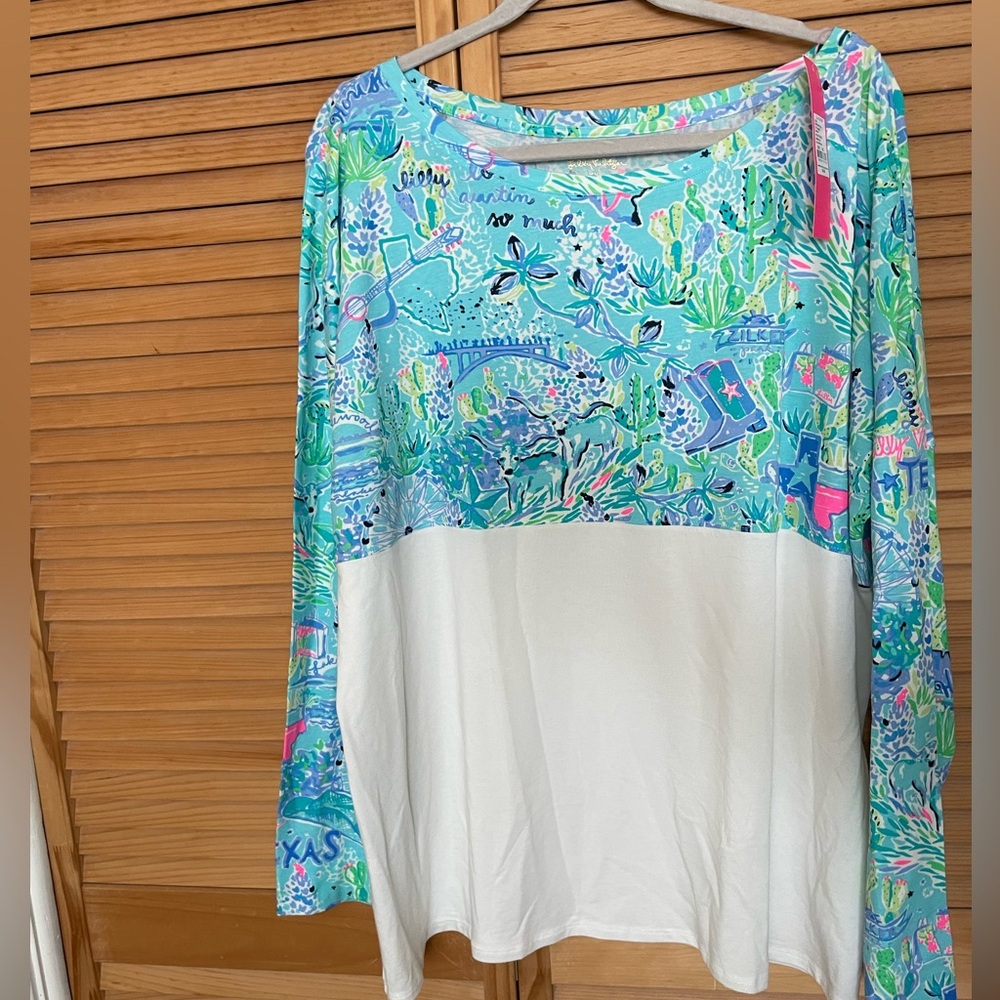 Lilly Pulitzer “Lilly Loves Texas” FINN top long sleeve. XXL Bayside Blue - Picture 2 of 5
